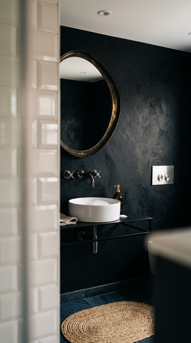 Polished smoked nickel taps against black tadelakt wall in art deco half-bath with bronze mirror