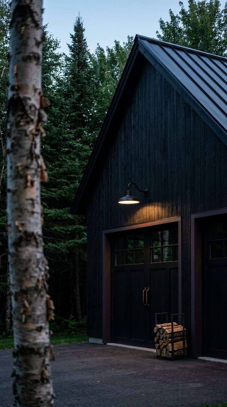 Black charred wood barn garage facade with dark bronze hardware in a wooded setting