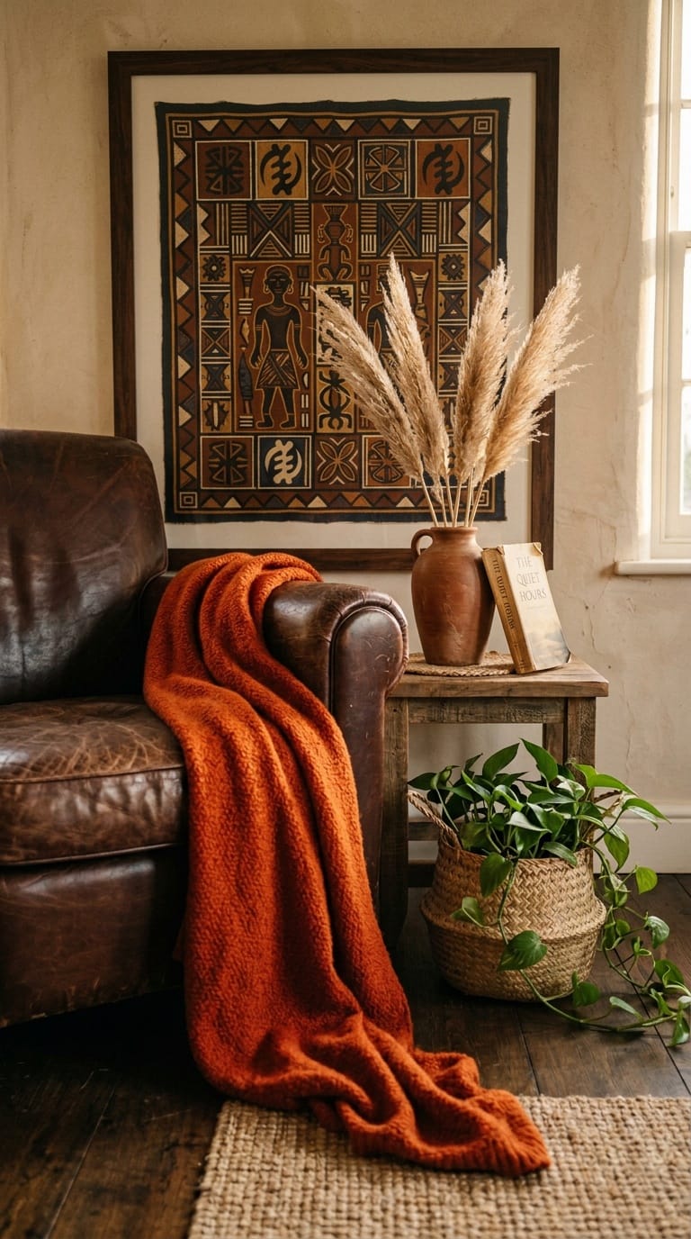 Afro bohemian style decor with burnt orange throw on brown leather chair and terracotta vase