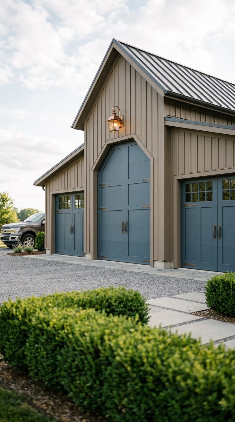 Carriage style barn garage with slate blue doors and bronze pulls on a new build