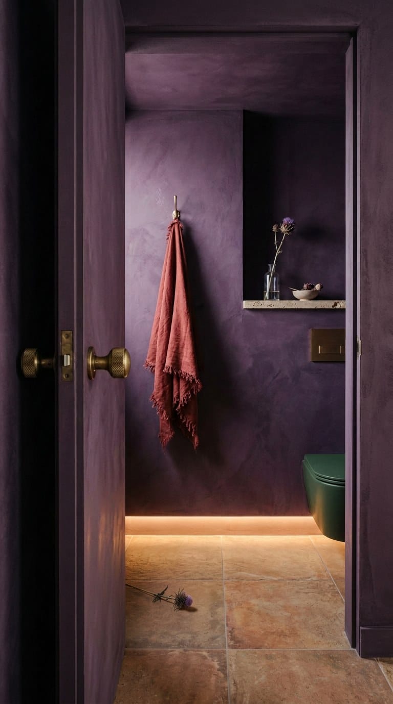 Deep purple limewash covering walls and ceiling in colour-drenched small guest toilet with terracotta towel