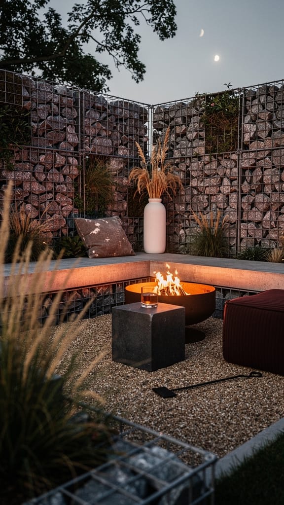 Corner fire pit ideas with gabion wall boundary and concrete bench at evening firelight