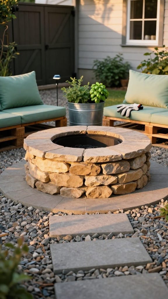 DIY fire pit lounge area with stacked flagstone ring and pallet benches at sunrise