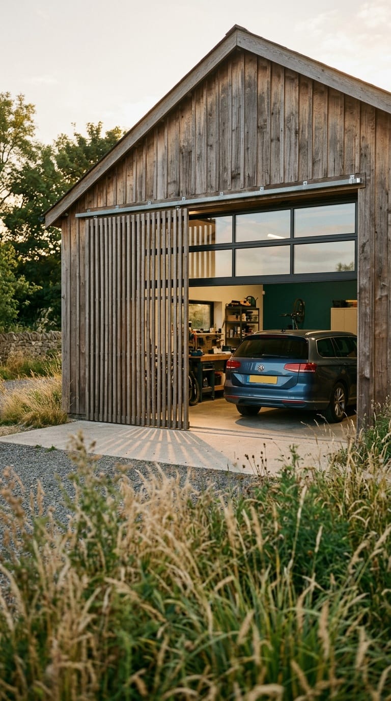 Sliding timber screen half-open on a barn garage revealing glass doors behind