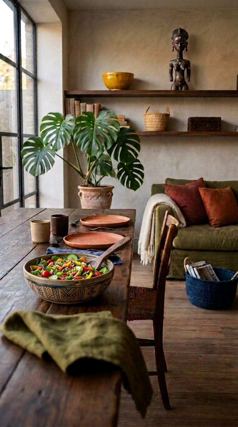 Afro bohemian style decor earth tones with terracotta plates and mustard ceramic on walnut shelf