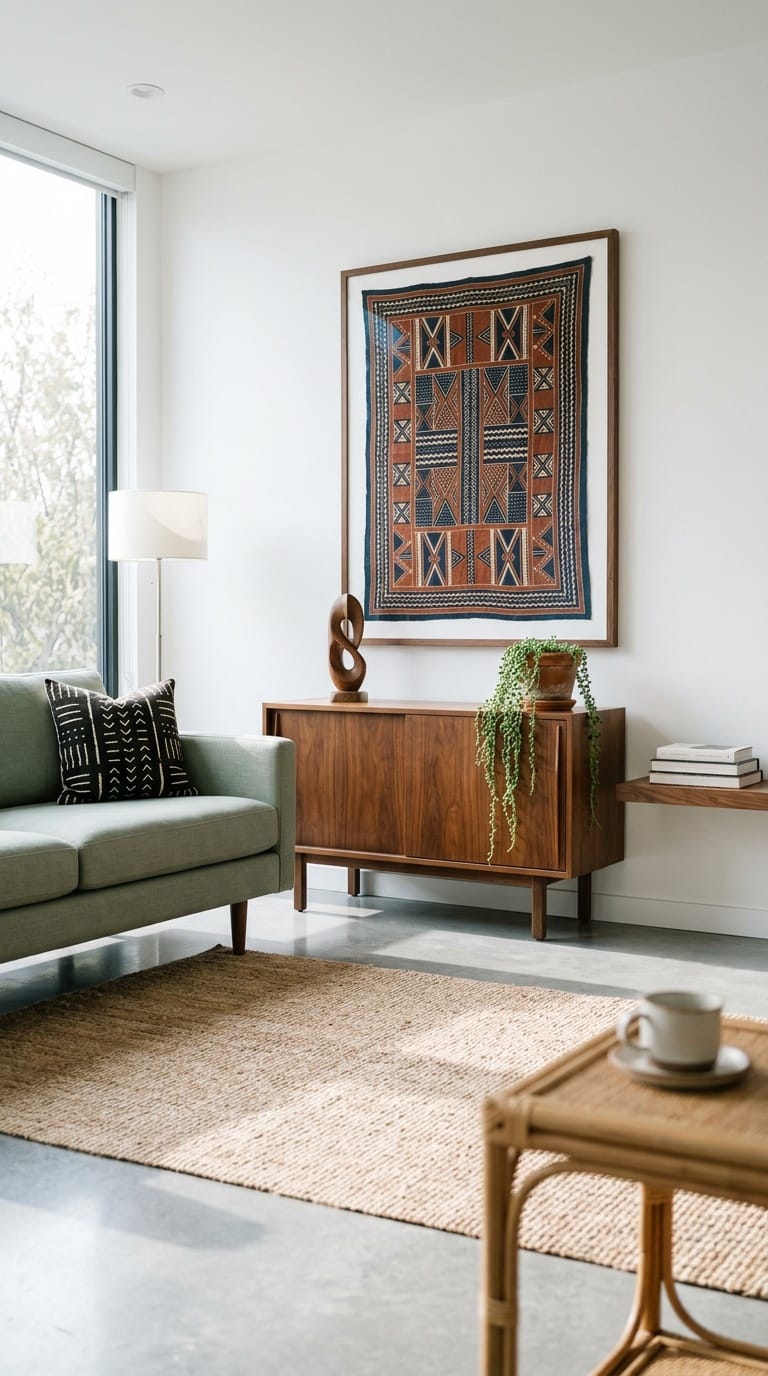 Modern afro bohemian style decor with single African textile print and mid-century sage sofa