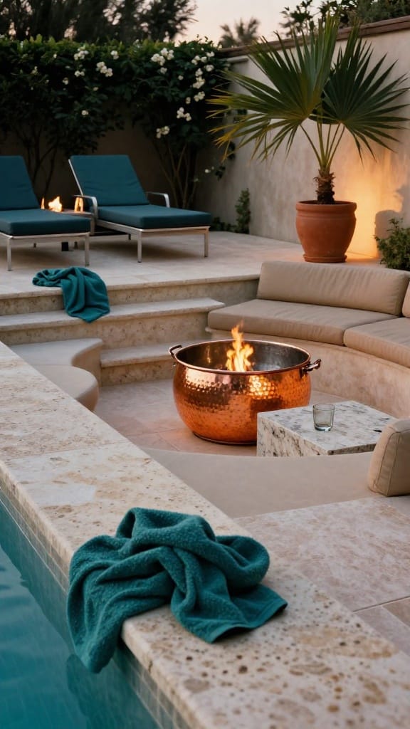 Backyard fire pit ideas lounge areas with pool and copper beverage tub at golden hour