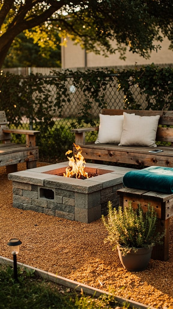 Budget backyard fire pit ideas with cinder-block pit and decomposed granite lounge area