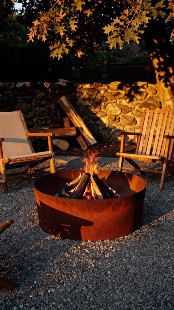 Backyard gas fire pit ideas with Corten steel bowl and crackling logs on gravel lounge area
