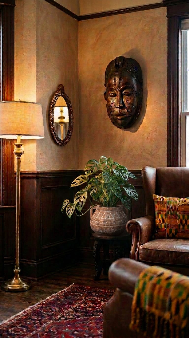 Afrocentric bohemian style decor with carved mask Kente pillow and Adire textile in parlor