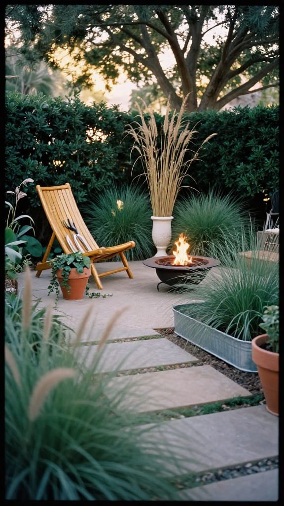 Landscaping ideas for backyard fire pit lounge area with teak seating and layered planting