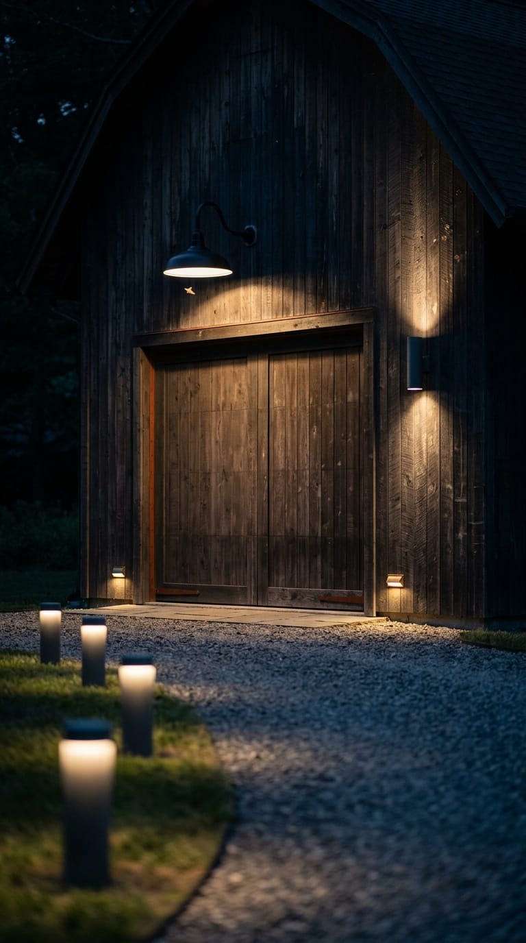 Barn garage facade at night with gooseneck light and layered lighting on dark timber