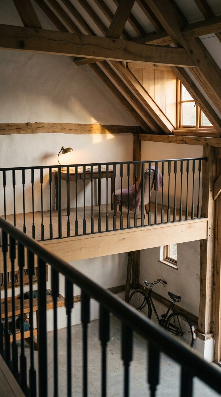 Mezzanine study platform with steel rail above a barn garage workspace