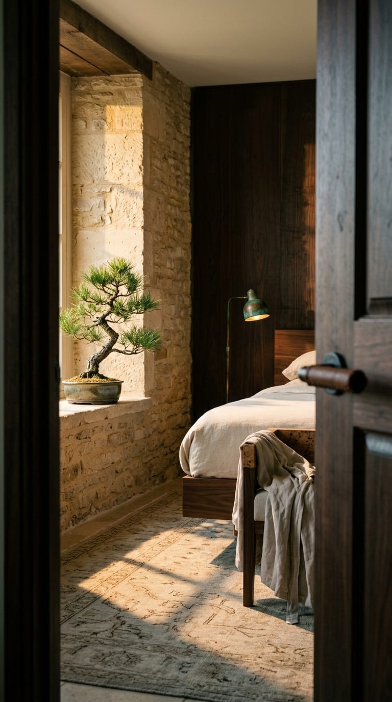 Bonsai on limestone windowsill viewed through doorway into country manor bedroom with walnut wall