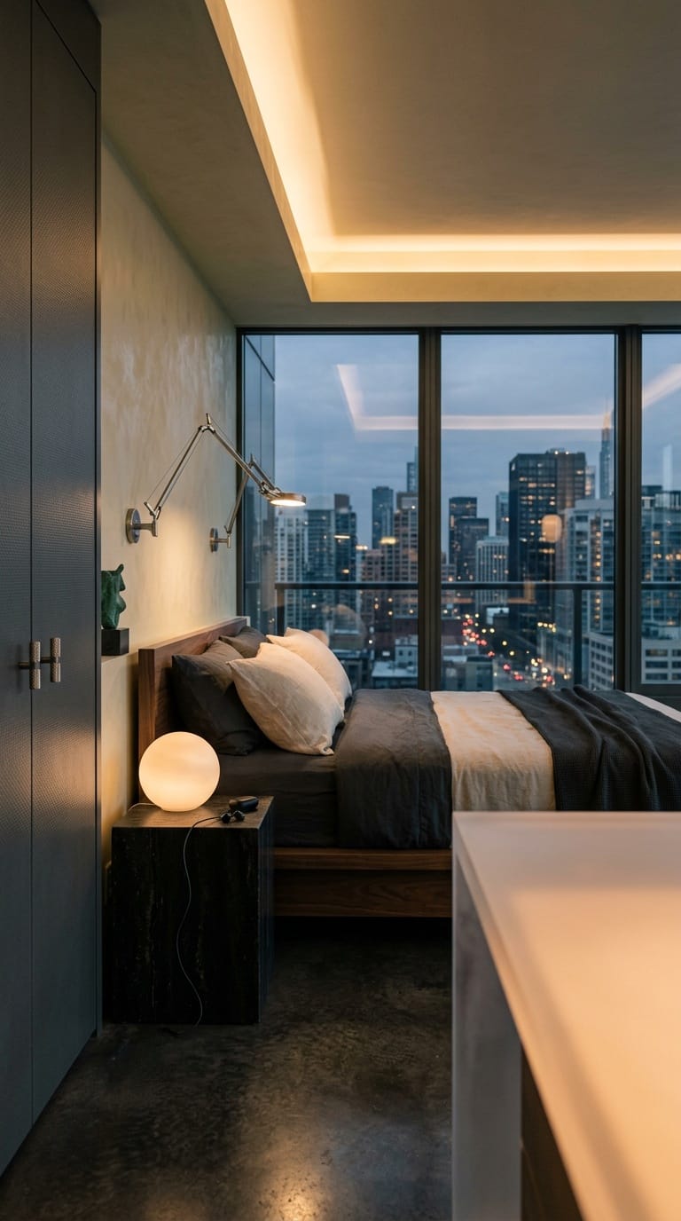 Articulating sconce above walnut bed in penthouse sophisticated bedroom with cove lighting and city view