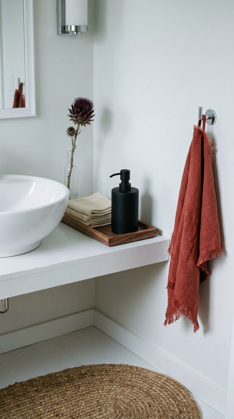 Cast iron soap pump and jute floor mat in budget-friendly half-bath with cotton washcloths and thistle