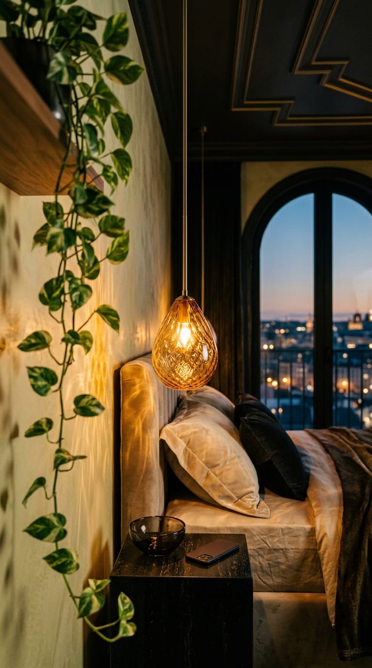 Amber blown glass pendant beside bed in Art Deco bedroom with pothos vine and arched window at dusk