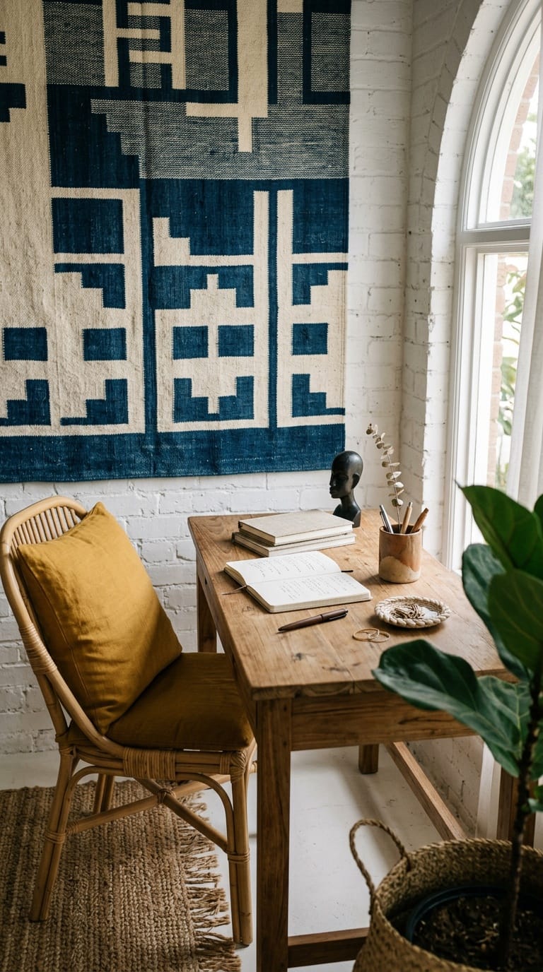 Afro bohemian style decor office with indigo woven wall hanging above natural wood desk