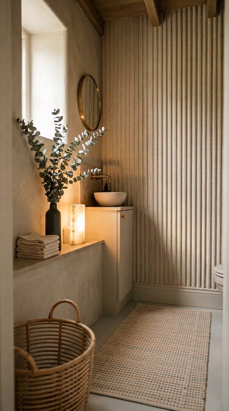 Fluted plaster panelling with raking uplight from alabaster sconce in cottage cloakroom with eucalyptus