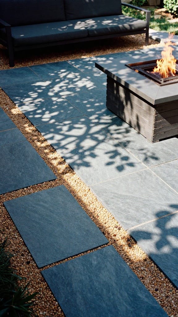 Backyard fire pit ideas lounge areas with slate blue porcelain pavers and gravel border detail
