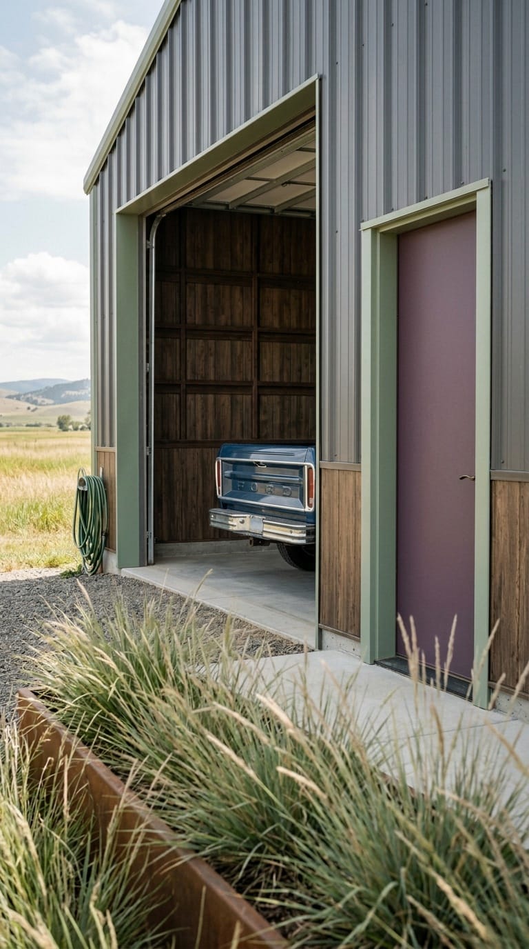 Pole barn garage with corrugated metal panels and sage green steel frame on rural lot