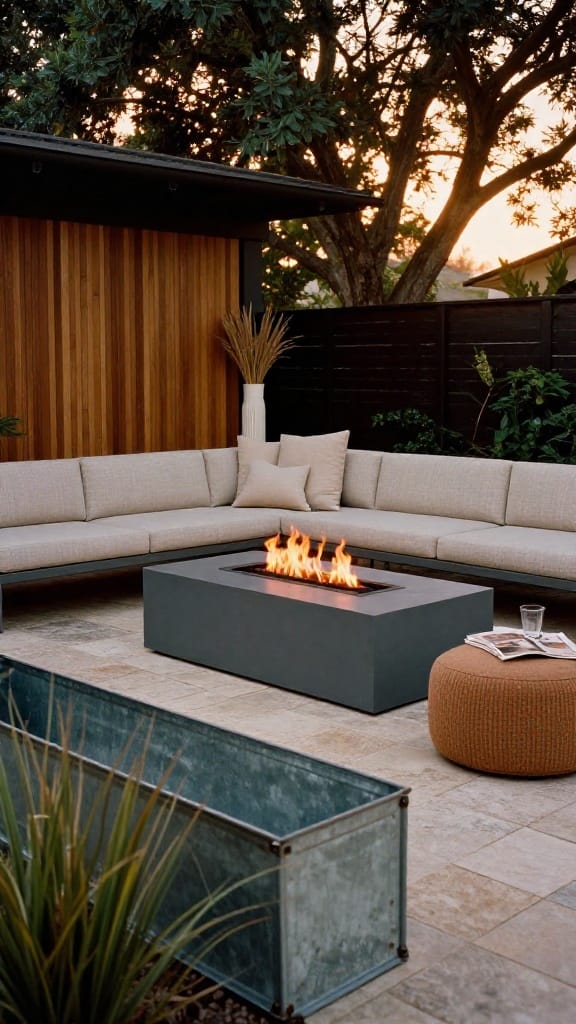 Backyard fire pit ideas lounge areas with linear rectangular pit and modular seating on limestone terrace