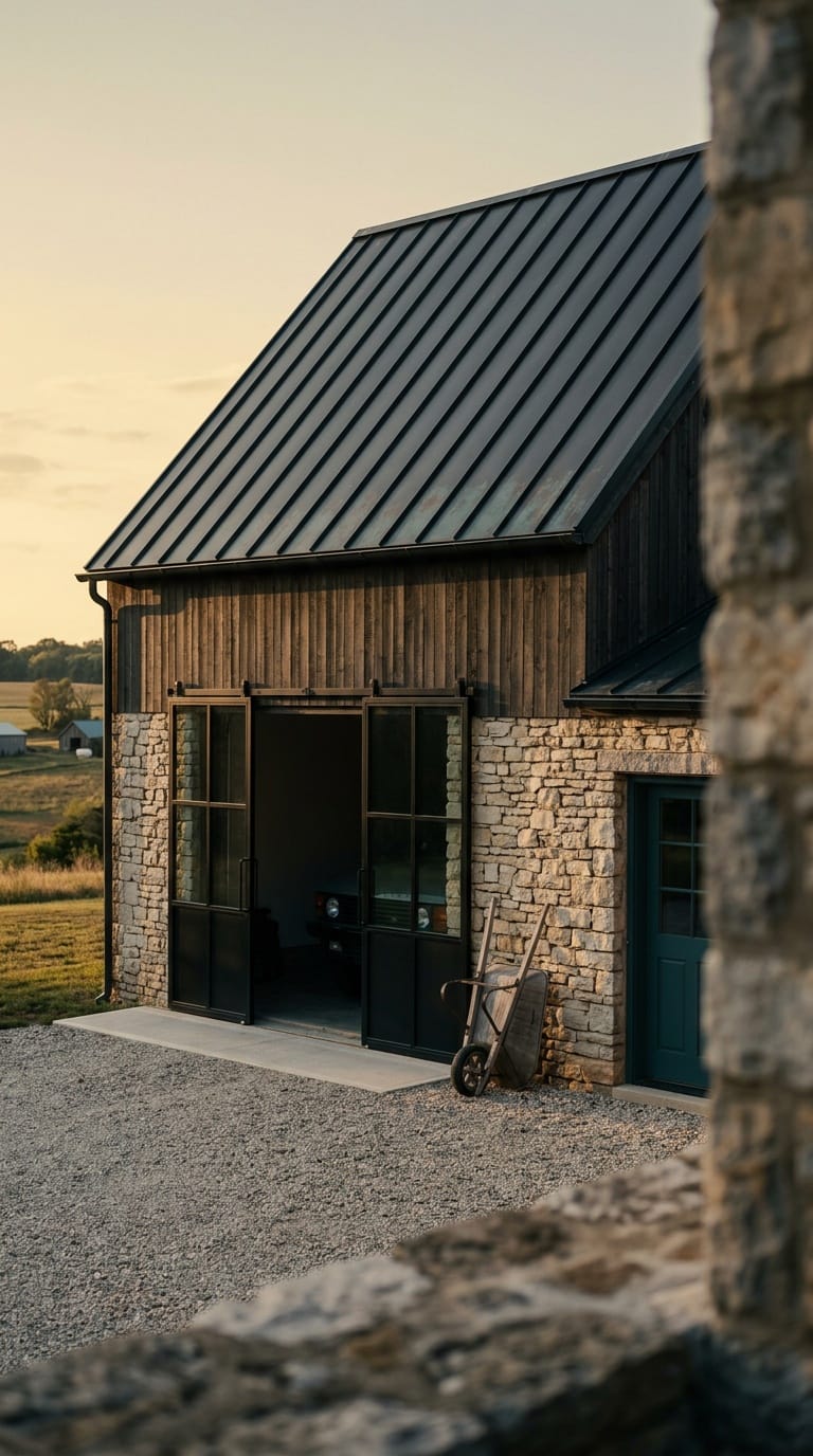 Rustic rough-sawn timber and stone barn garage with forged hardware on a farmstead