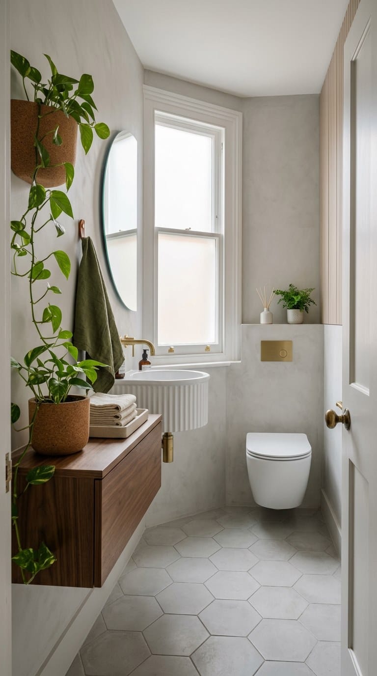 Sage green linen towel and cork wall planter in Georgian cloakroom with cream walls and walnut tray