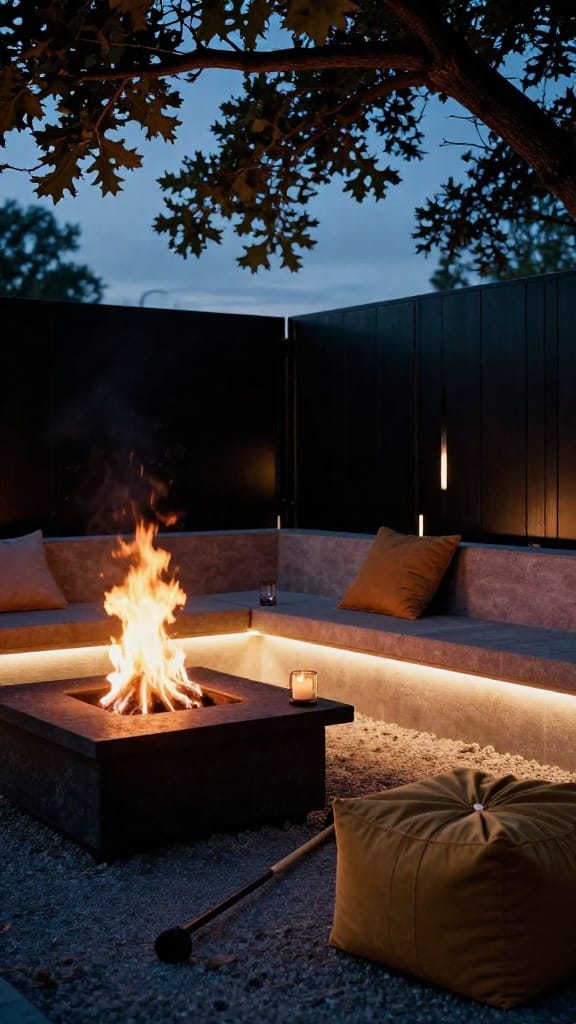 Fire pit lighting ideas with brass tree-mounted downlight casting dappled shadows at blue hour