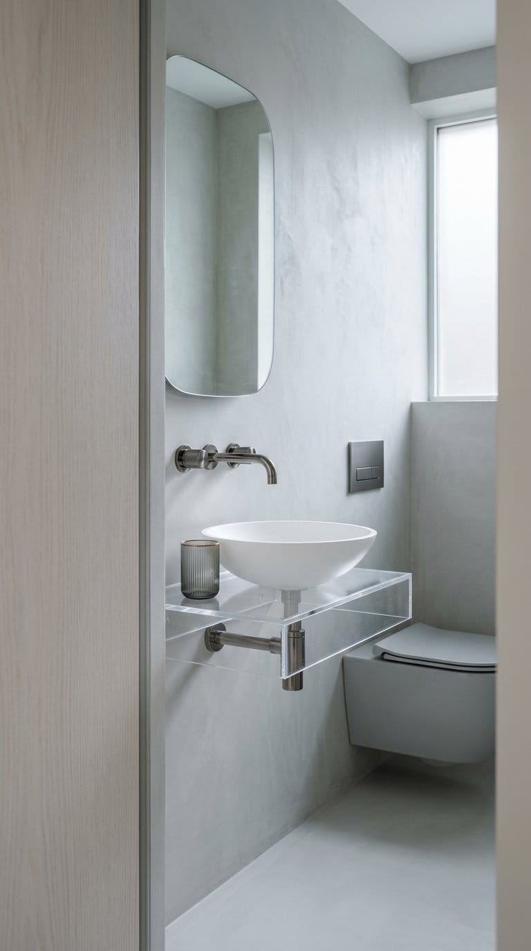 Small guest toilet with wall-mounted acrylic console and smoked nickel taps on micro-cement floor
