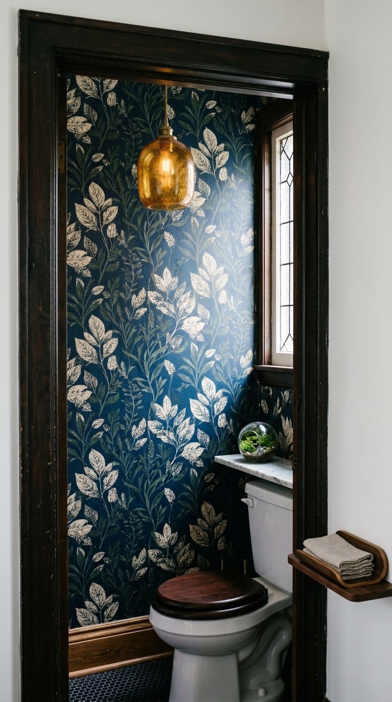 Bold midnight blue botanical wallpaper behind toilet in small guest toilet with amber glass pendant
