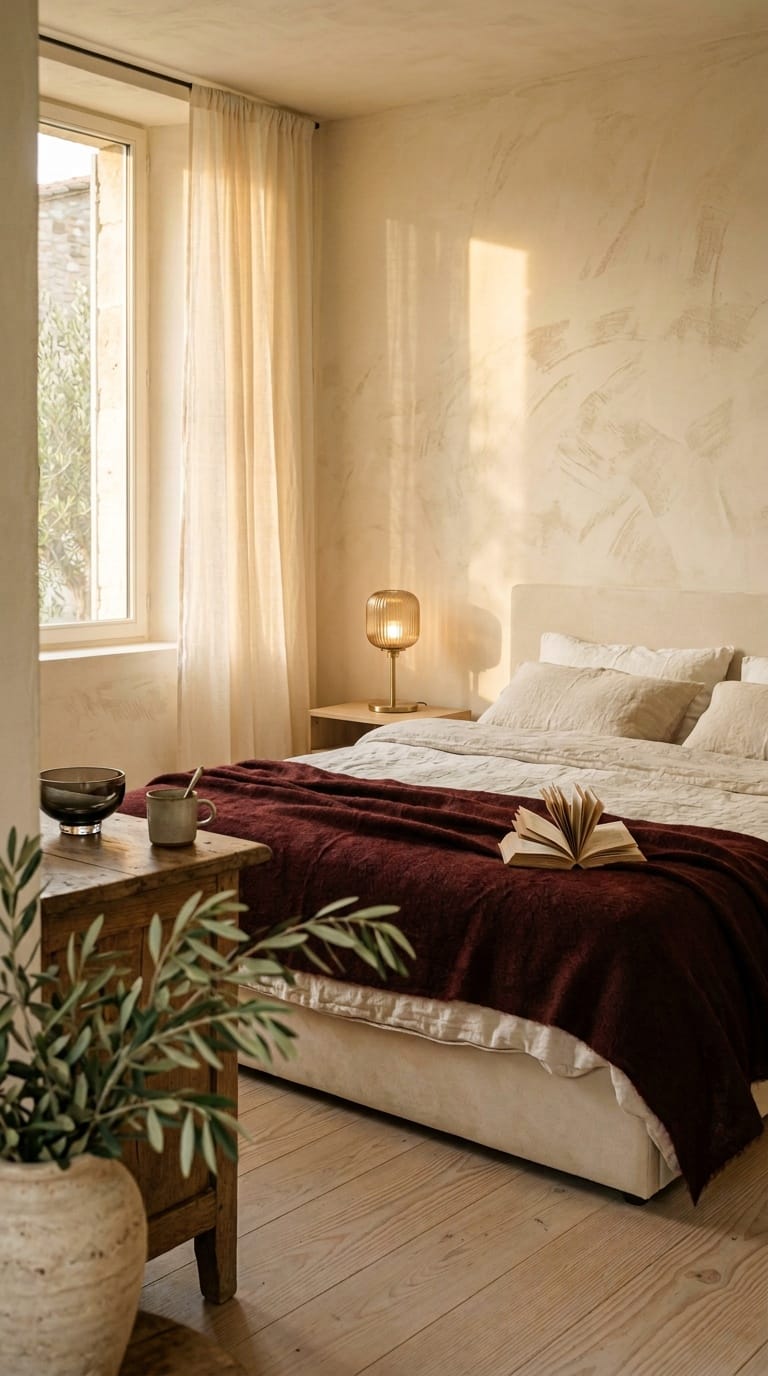 Sophisticated bedroom with oxblood blanket on cream bed, limewash walls and olive branch in stone vase