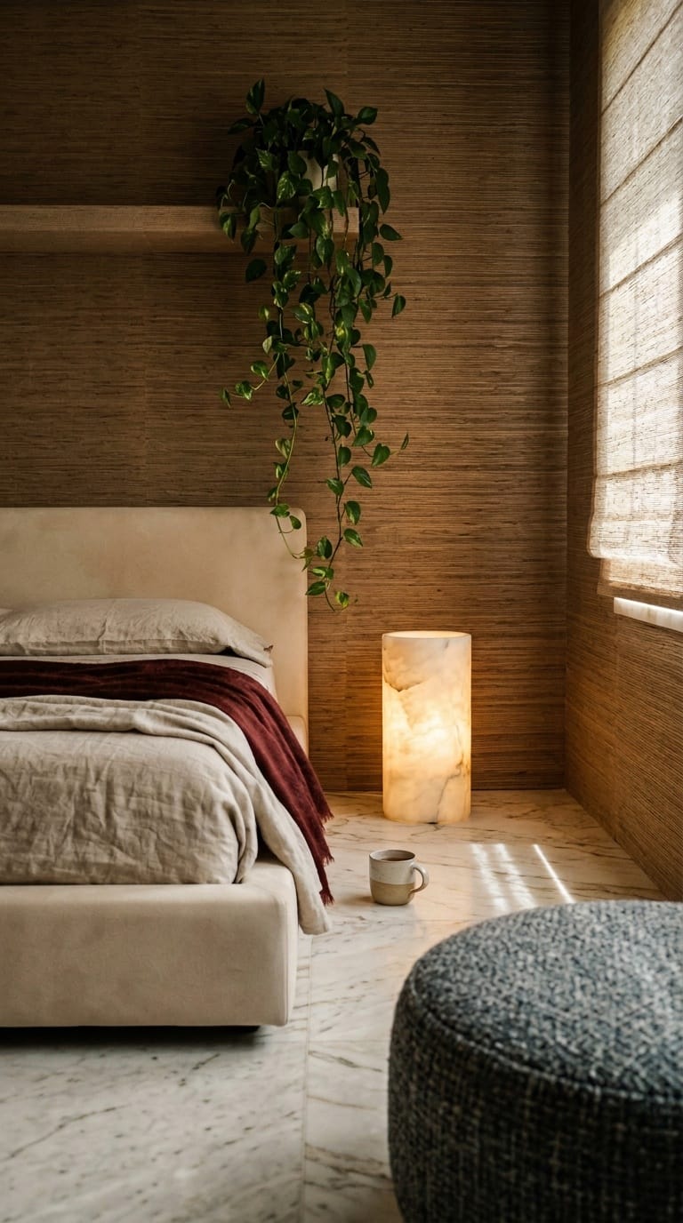 Alabaster floor lamp beside cream bed in grasscloth bedroom with trailing pothos and wool pouf