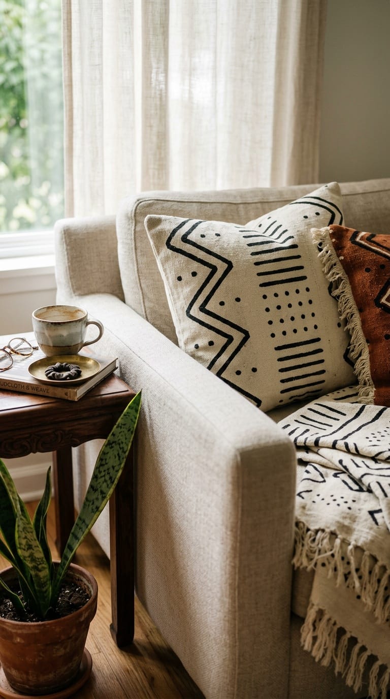 Afro bohemian style decor mudcloth pillows in black and rust patterns on sand linen sofa