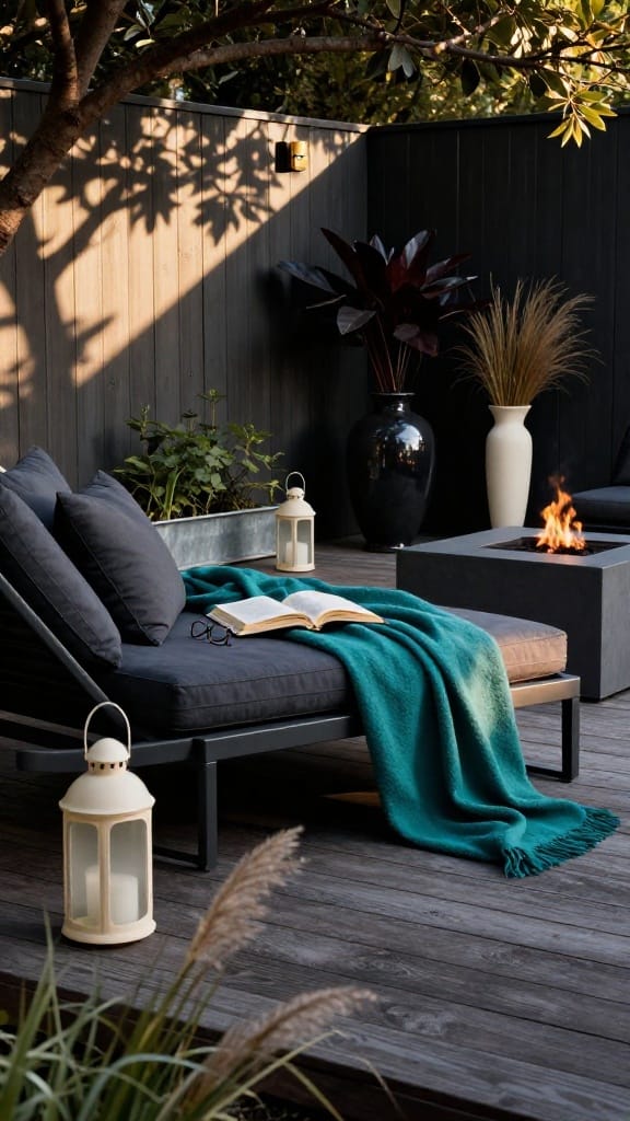 Fire pit lounge area with charcoal aluminium daybed and petrol teal throw on ipe deck
