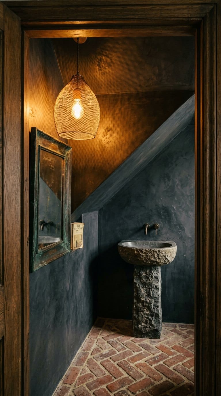 Woven brass mesh pendant casting amber light in under-stairs downstairs loo with tadelakt walls