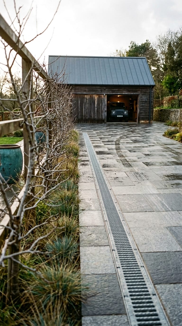 Granite paver driveway with corten drainage swale leading to a barn garage