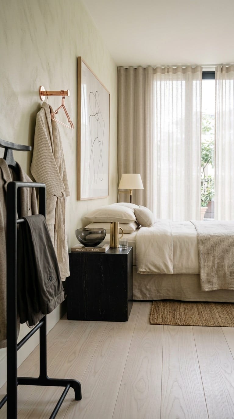 Smoked glass bowl on black cube nightstand with copper valet hook and bathrobe in sophisticated bedroom
