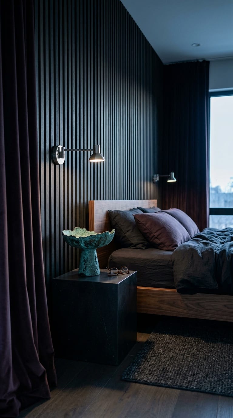 Dark slat wall bedroom with verdigris bronze dish on black cube nightstand and plum drapes