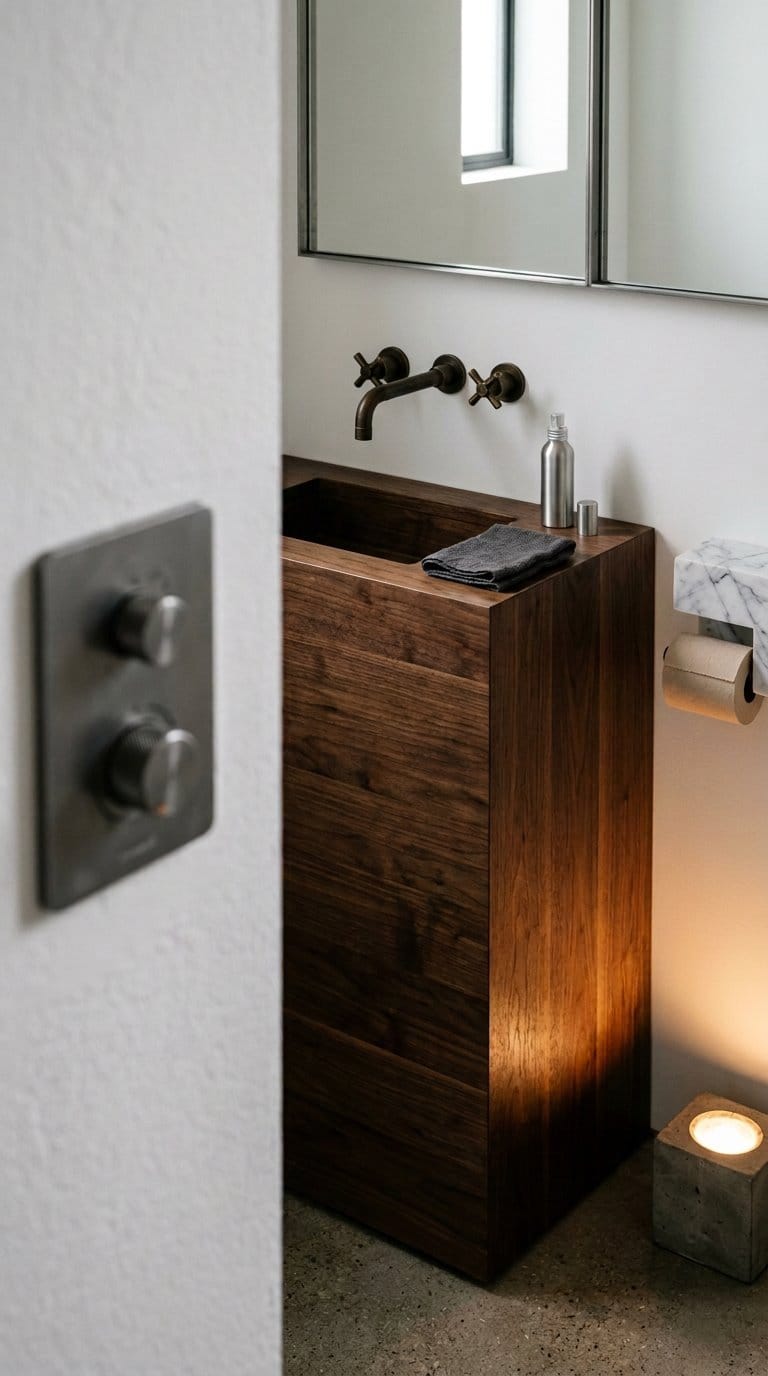 Solid walnut monolithic vanity with wall-mounted bronze faucet in modern compact bathroom