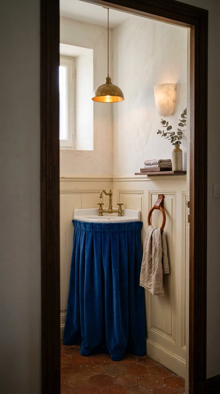 Cobalt velvet pleated sink skirt with cognac leather towel ring in French vintage toilet room