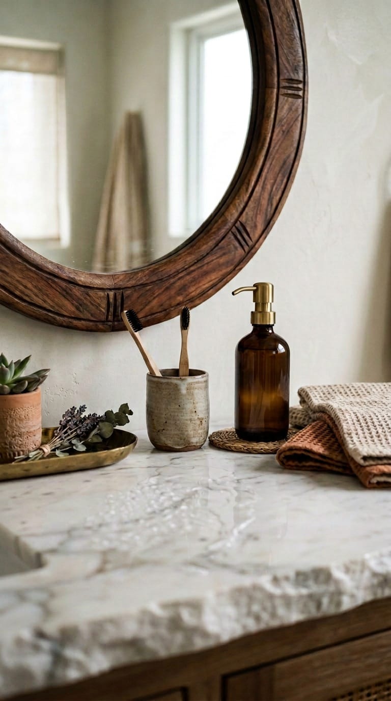 Afro bohemian style decor bathroom with seagrass towel basket and wood tray on marble counter
