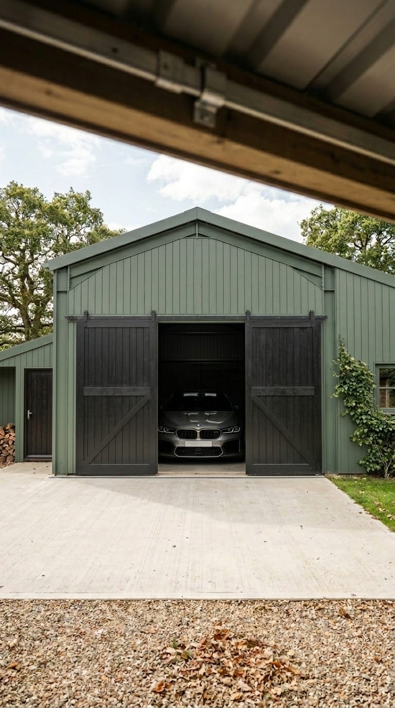 Barn garage interior with honey oak tool wall and dusty sage steel frame through open doors
