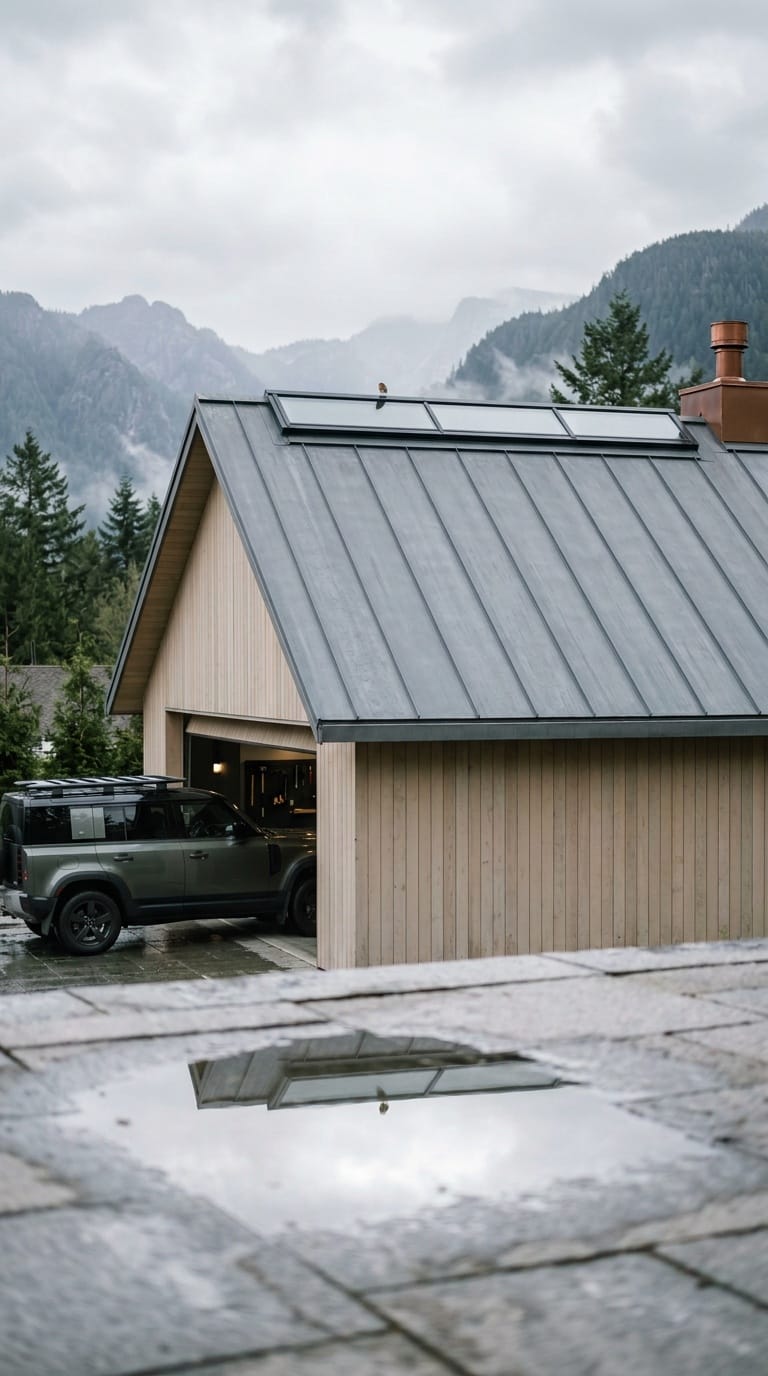 Preweathered zinc roof with concealed gutters on a barn style garage near mountains