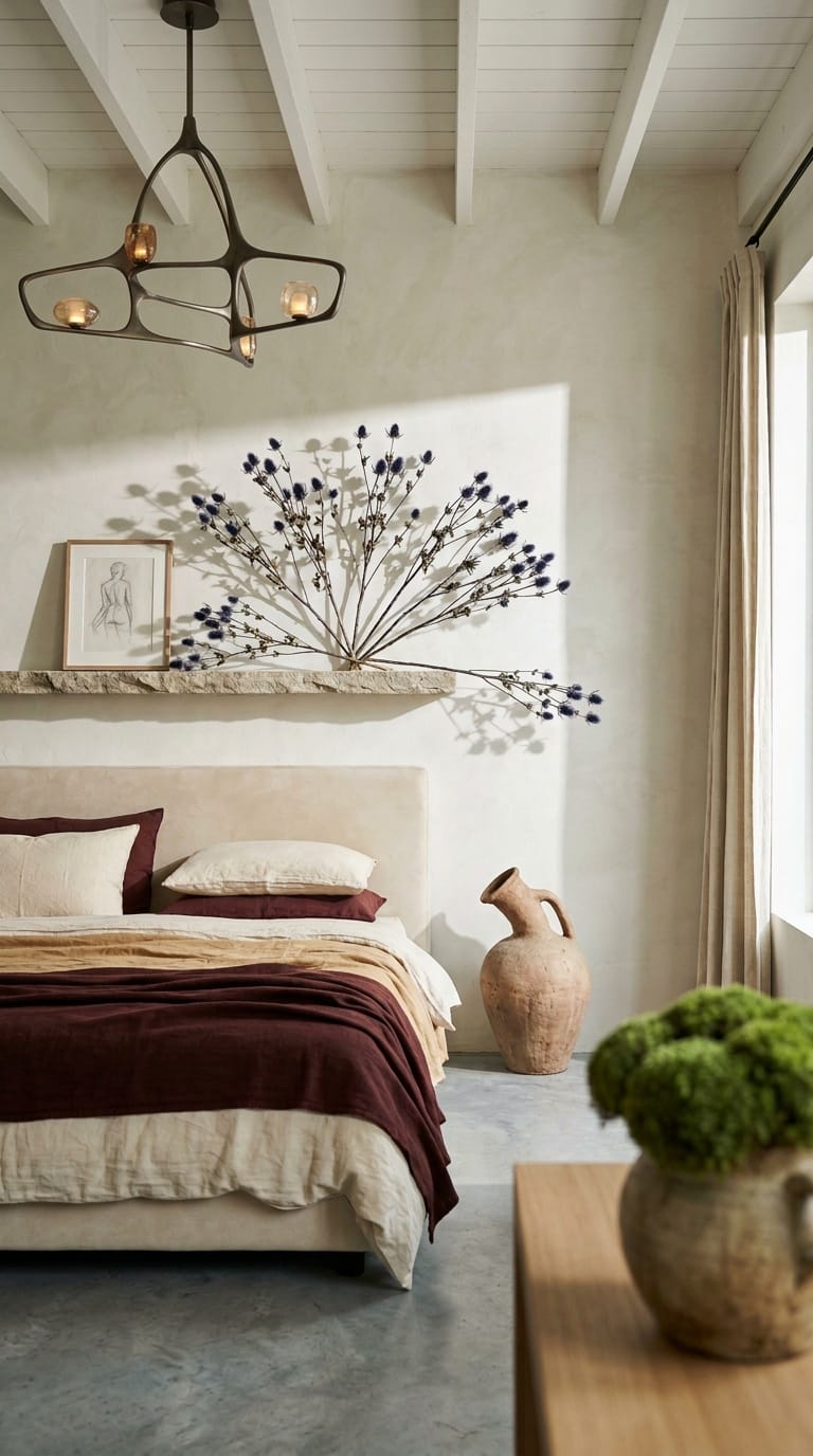 Dried thistle branches fanning across limewash wall above bed with clay vase and moss on side table