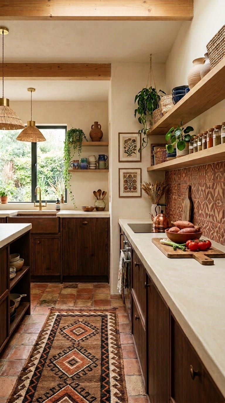 Afro bohemian style decor kitchen with hand-coiled ceramic bowl and woven basket on counter