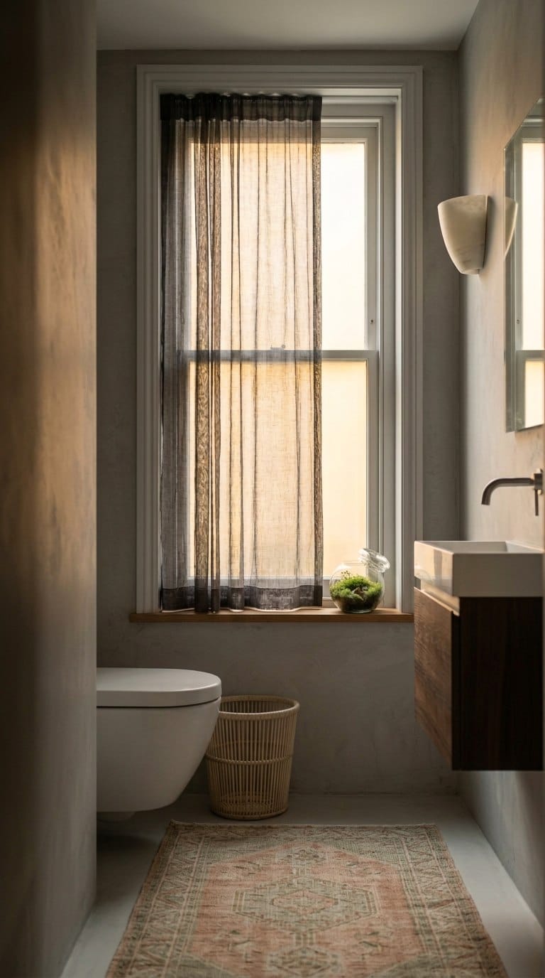 Sheer charcoal silk curtain filtering afternoon daylight in Scandi toilet nook with terrarium on sill