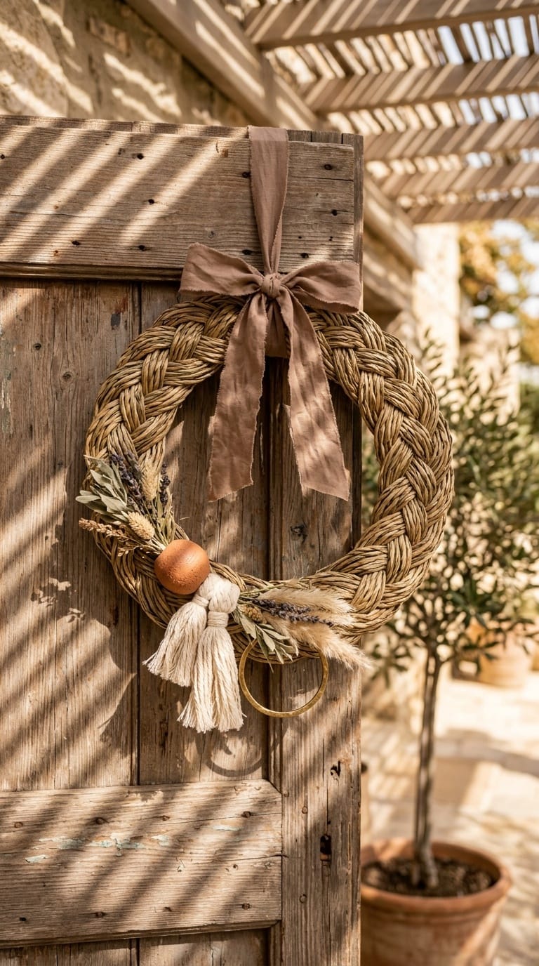 Braided seagrass wreath with trailing petrol teal silk ribbon on Mediterranean villa door