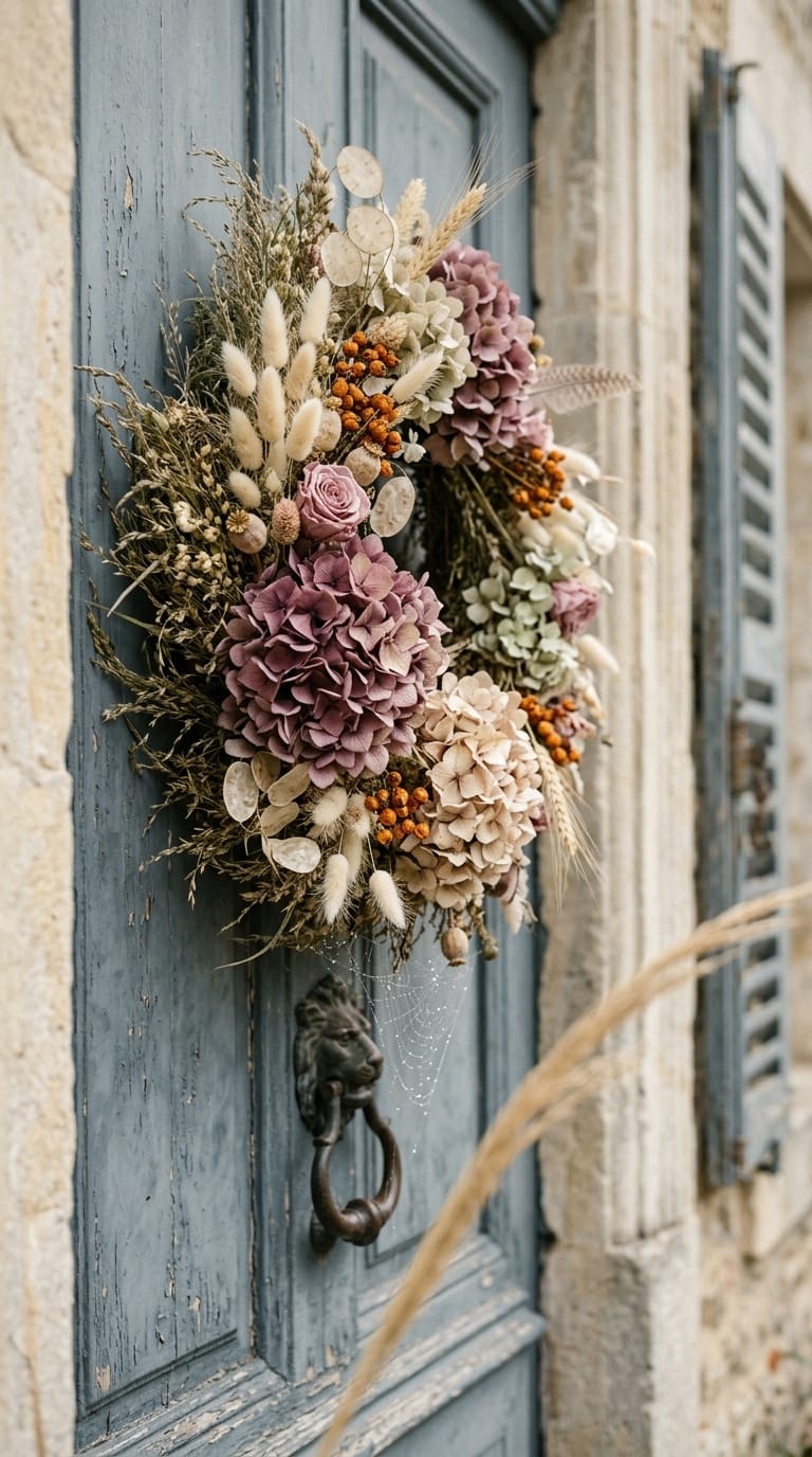 Dried hydrangea and bunny tail grass wreath on French cottage door with blue-grey shutters
