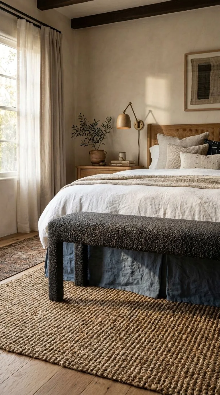 Jute rug, charcoal boucle bench, and slate blue linen bed skirt at three different heights in bedroom